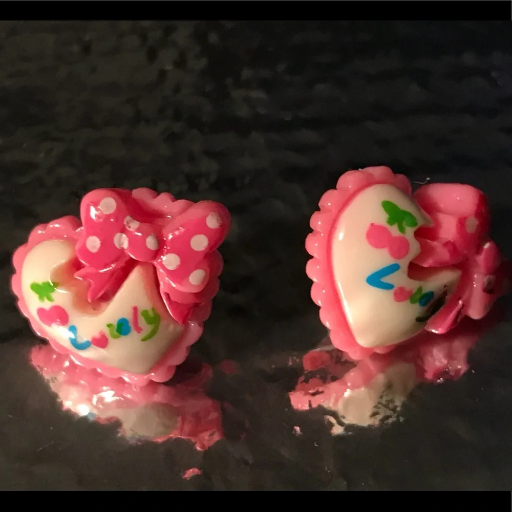 Candy heart ruffle pink white love earrings retro Lolita kawaii bow cute cherry - Picture 2 of 2